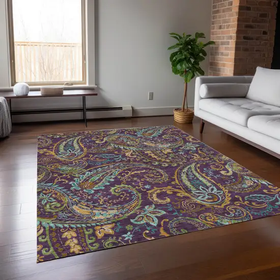 Purple Turquoise and Gold Paisley Washable Non Skid Indoor Outdoor Area Rug Photo 8