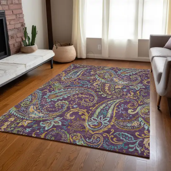 Purple Paisley Washable Non Skid Indoor Outdoor Area Rug Photo 9