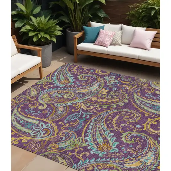 Purple Turquoise and Gold Paisley Washable Non Skid Indoor Outdoor Area Rug Photo 1