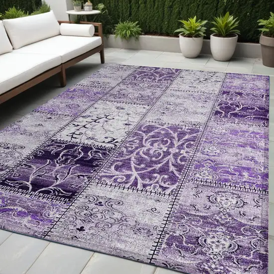 Purple Patchwork Washable Non Skid Indoor Outdoor Area Rug Photo 1