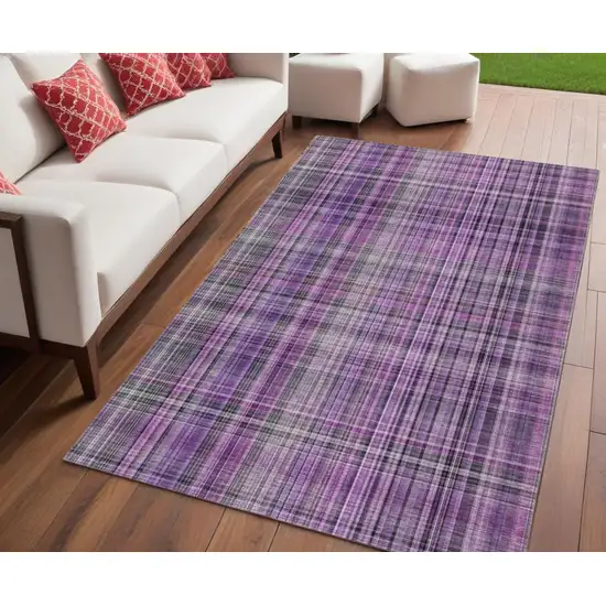 Purple and Gray Plaid Washable Non Skid Indoor Outdoor Area Rug Photo 1