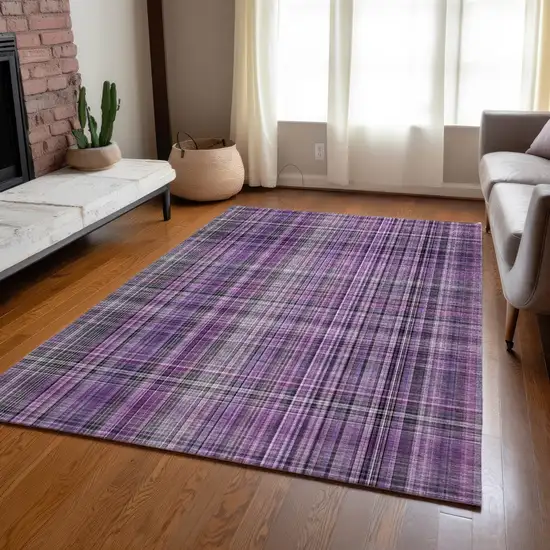 Purple and Gray Plaid Washable Non Skid Indoor Outdoor Area Rug Photo 8