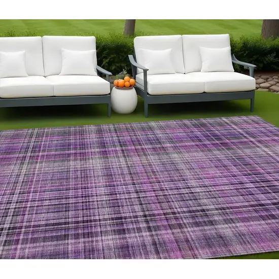 Purple and Gray Plaid Washable Non Skid Indoor Outdoor Area Rug Photo 1