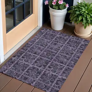 Photo of Purple Plum And Charcoal Medallion Washable Indoor Outdoor Area Rug