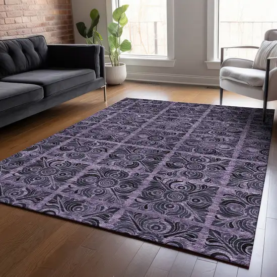 Purple Plum And Charcoal Medallion Washable Indoor Outdoor Area Rug Photo 9