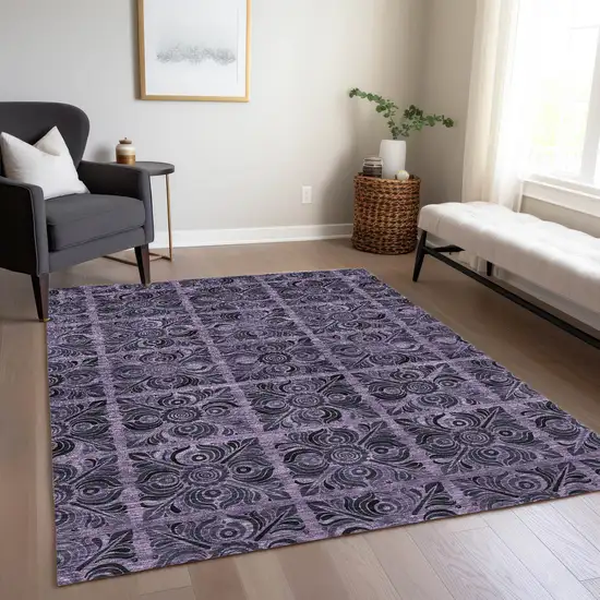 Purple Plum And Charcoal Medallion Washable Indoor Outdoor Area Rug Photo 9