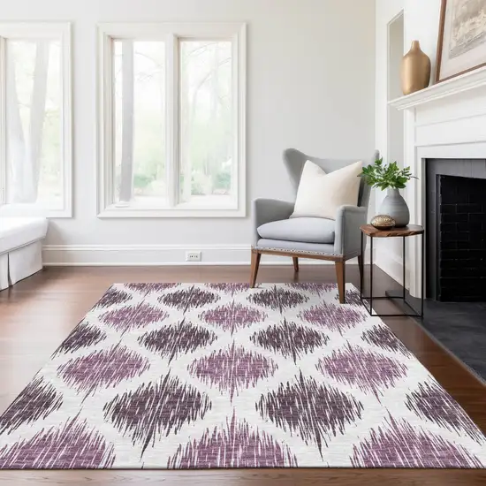 Purple Plum And Ivory Ikat Washable Indoor Outdoor Area Rug Photo 9