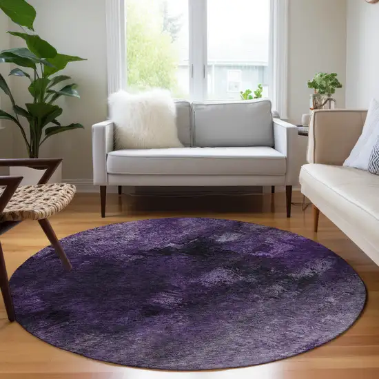 Purple Round Abstract Washable Non Skid Indoor Outdoor Area Rug Photo 6