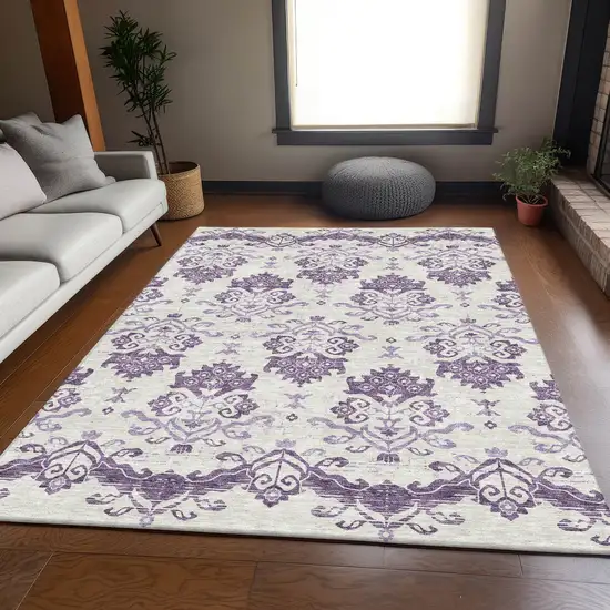 Purple Silver And Lilac Oriental Washable Indoor Outdoor Area Rug Photo 7