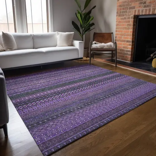 Purple Striped Washable Non Skid Indoor Outdoor Area Rug Photo 9