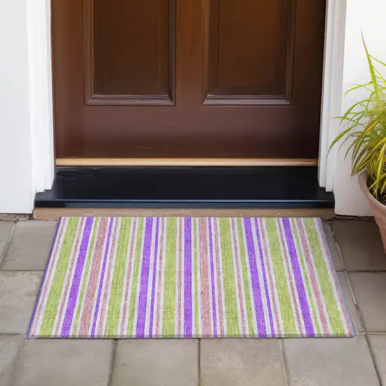 Purple Green and Pink Striped Washable Non Skid Indoor Outdoor Area Rug Photo 8