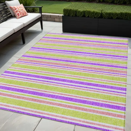 Purple Green and Pink Striped Washable Non Skid Indoor Outdoor Area Rug Photo 1