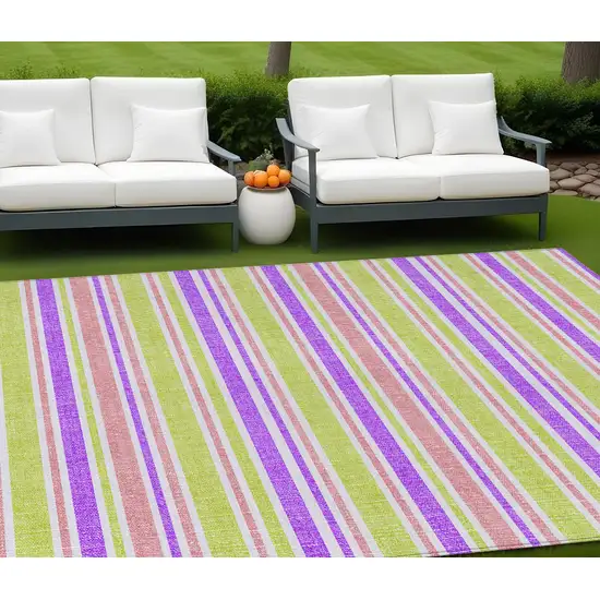 Purple Green and Pink Striped Washable Non Skid Indoor Outdoor Area Rug Photo 1