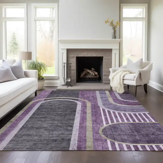 Purple and Black Abstract Washable Indoor Outdoor Area Rug Photo 8