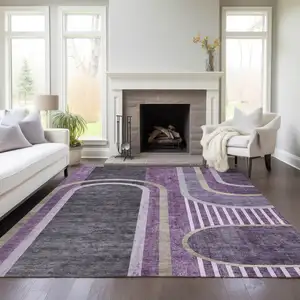 Photo of Purple and Black Abstract Washable Non Skid Indoor Outdoor Area Rug