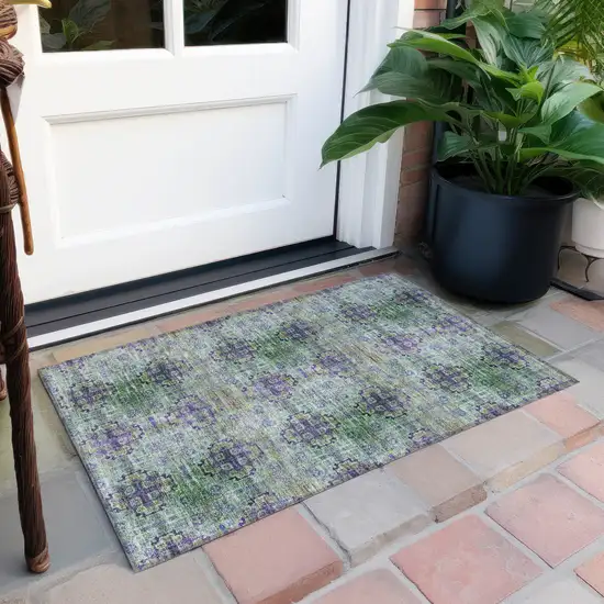 Purple and Green Floral Medallion Washable Non Skid Indoor Outdoor Area Rug Photo 9