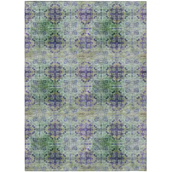 Purple and Green Floral Medallion Washable Non Skid Indoor Outdoor Area Rug Photo 1