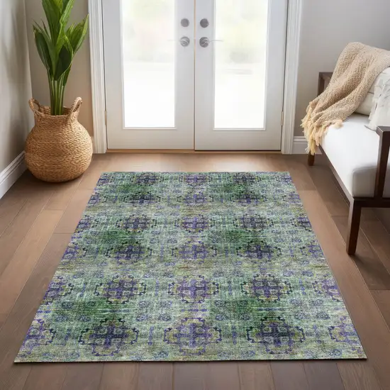 Purple and Green Floral Medallion Washable Non Skid Indoor Outdoor Area Rug Photo 7