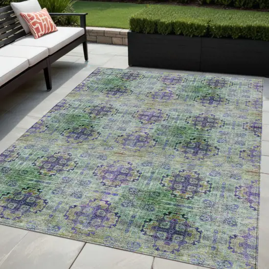 Purple and Green Floral Medallion Washable Non Skid Indoor Outdoor Area Rug Photo 2