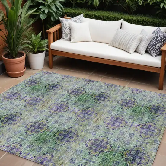 Purple and Green Floral Medallion Washable Non Skid Indoor Outdoor Area Rug Photo 1