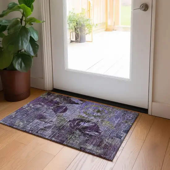 Purple and Green Floral Washable Non Skid Indoor Outdoor Area Rug Photo 8