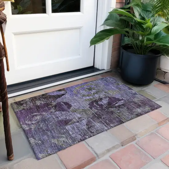 Purple and Green Floral Washable Non Skid Indoor Outdoor Area Rug Photo 9