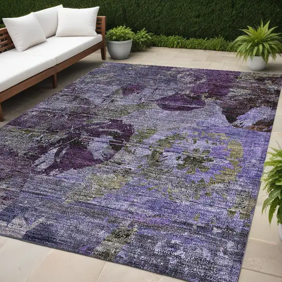 Purple and Green Floral Washable Non Skid Indoor Outdoor Area Rug Photo 1