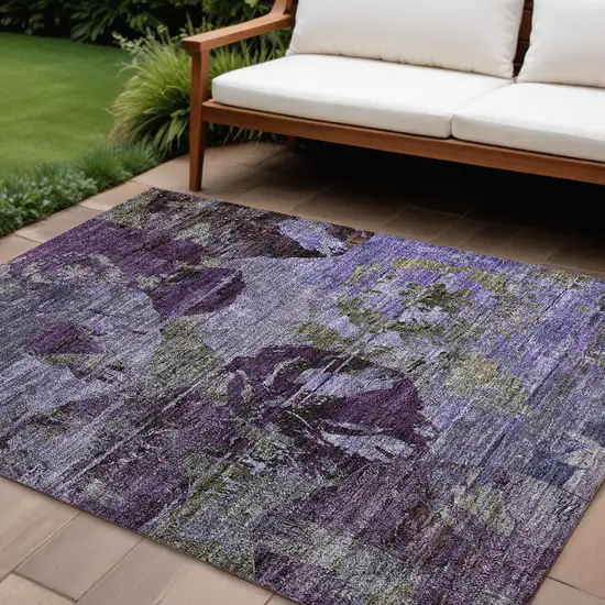 Purple and Green Floral Washable Non Skid Indoor Outdoor Area Rug Photo 1