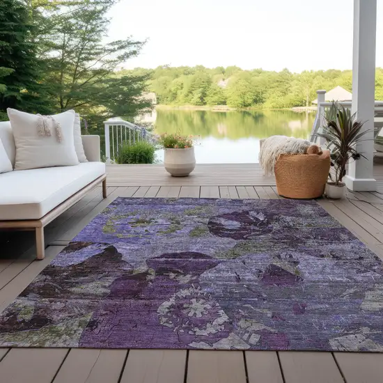 Purple and Green Floral Washable Non Skid Indoor Outdoor Area Rug Photo 8