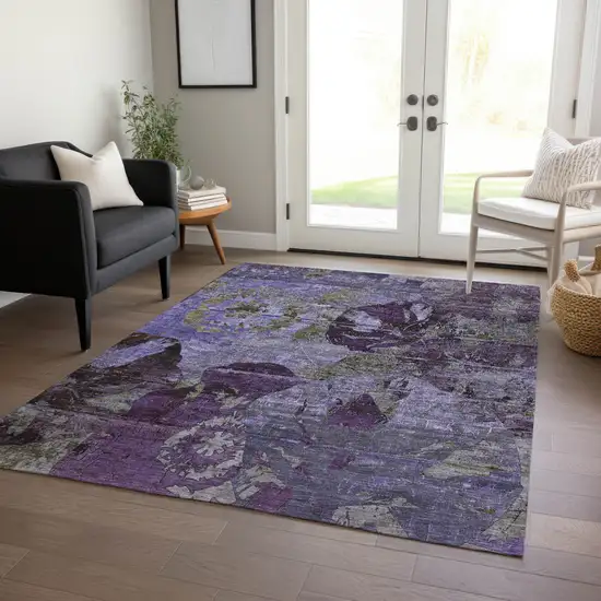 Purple and Green Floral Washable Non Skid Indoor Outdoor Area Rug Photo 9