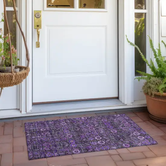 Purple and Green Floral Washable Non Skid Indoor Outdoor Area Rug Photo 9