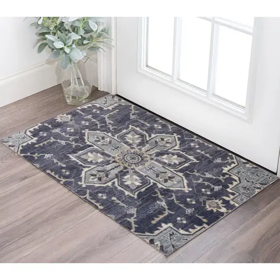 Purple and Ivory Floral Medallion Power Loom Area Rug Photo 1