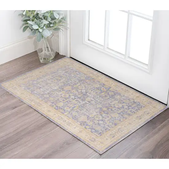 Blue and Yellow Oriental Power Loom Worn Faded Area Rug Photo 1