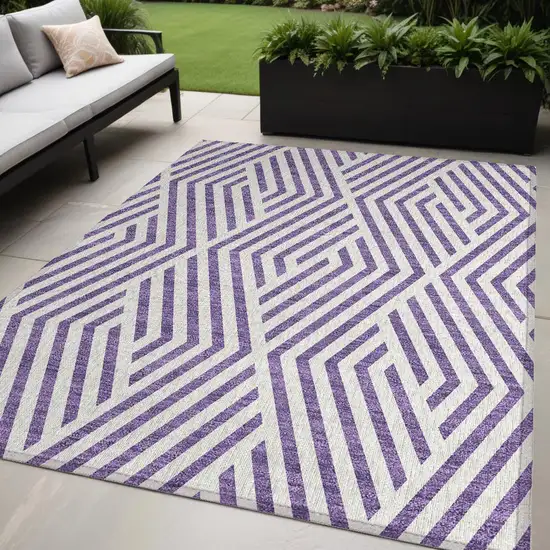 Purple and White Geometric Washable Non Skid Indoor Outdoor Area Rug Photo 1