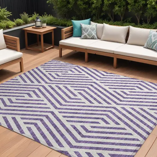 Purple and White Geometric Washable Non Skid Indoor Outdoor Area Rug Photo 1