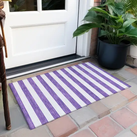 Purple and White Striped Washable Non Skid Indoor Outdoor Area Rug Photo 8