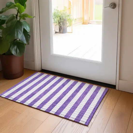 Purple and White Striped Washable Non Skid Indoor Outdoor Area Rug Photo 9