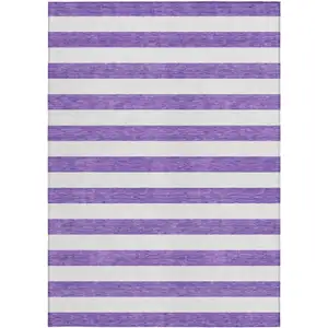 Photo of Purple and White Striped Washable Non Skid Indoor Outdoor Area Rug