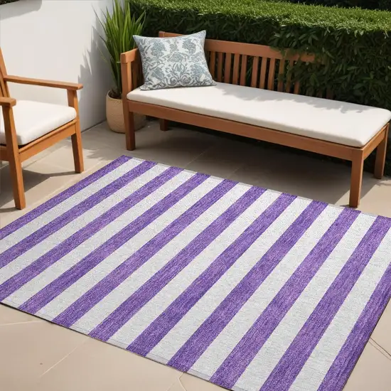 Purple and White Striped Washable Non Skid Indoor Outdoor Area Rug Photo 1