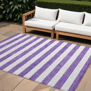 Photo of Purple and White Striped Washable Non Skid Indoor Outdoor Area Rug