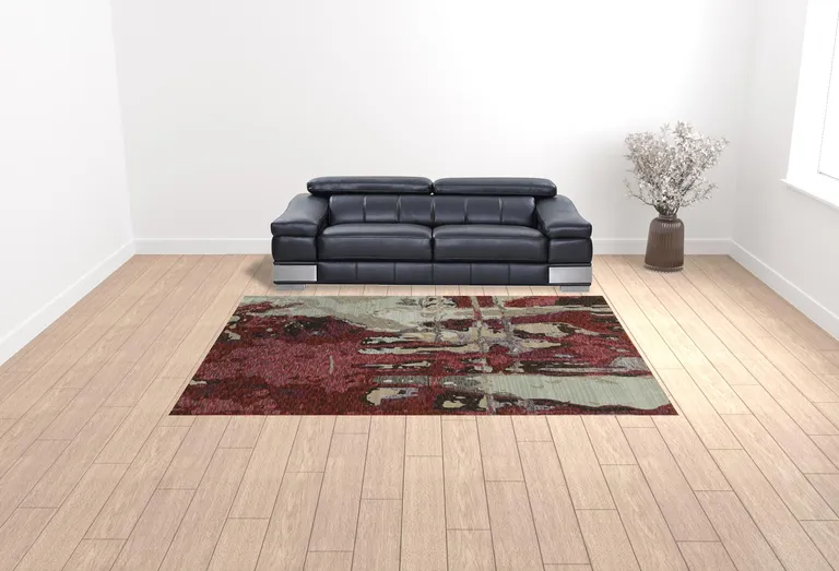 Red And Beige Abstract Power Loom Stain Resistant Area Rug Photo 2