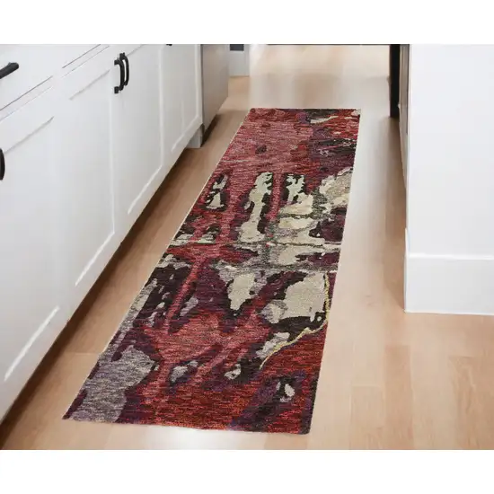 8' Runner Red and Beige Abstract Power Loom Runner Rug Photo 1