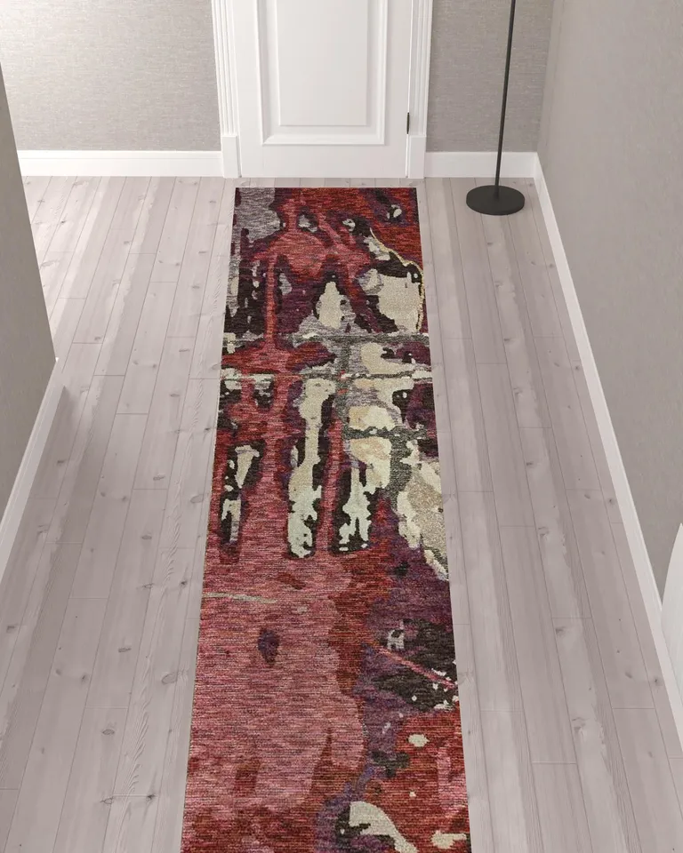 Red And Beige Abstract Power Loom Stain Resistant Runner Rug Photo 2