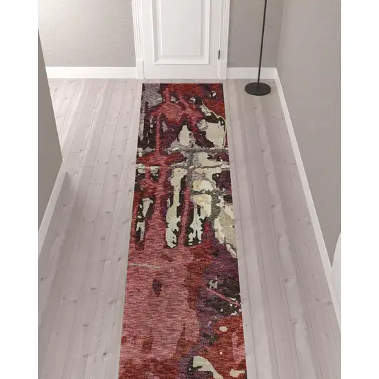 Red And Beige Abstract Power Loom Stain Resistant Runner Rug Photo 2