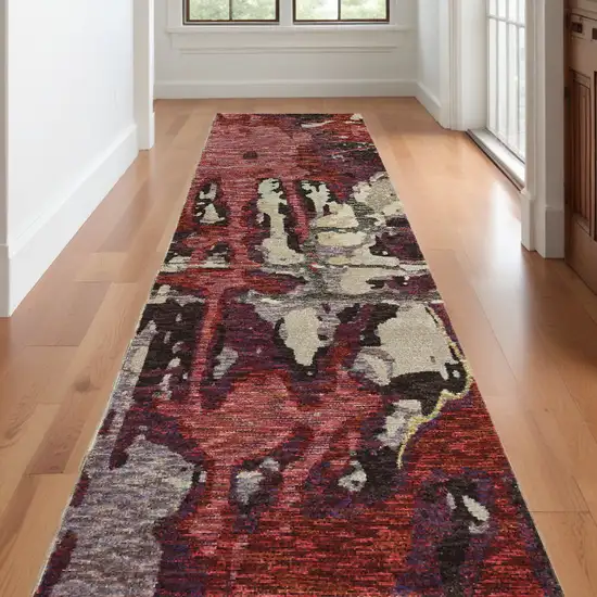 12' Runner Red and Beige Abstract Power Loom Runner Rug Photo 1