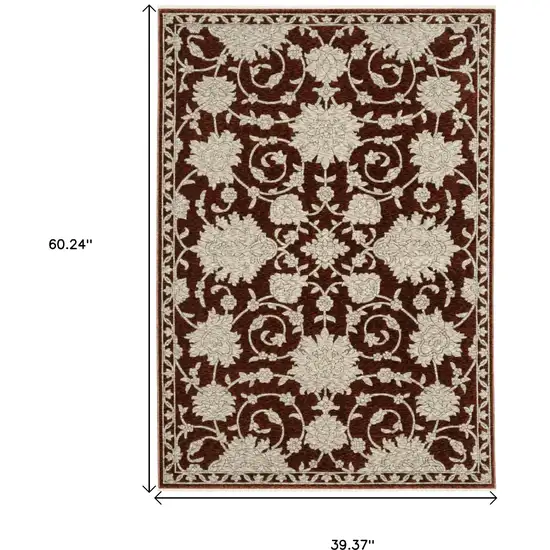 Red And Beige Floral Area Rug With Fringe Photo 3