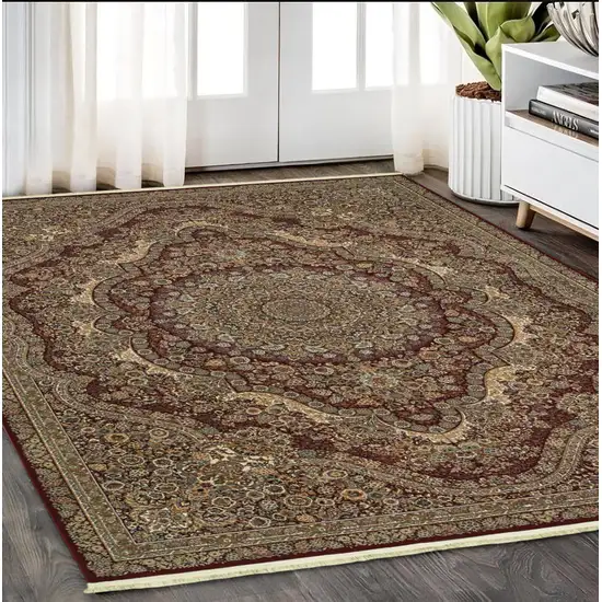 Red And Gold Medallion Area Rug With Fringe Photo 1