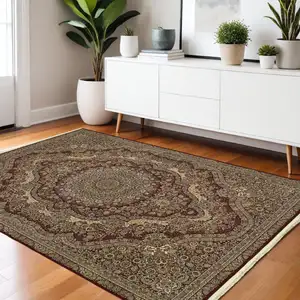 Photo of Red And Gold Medallion Area Rug With Fringe