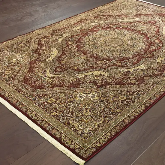 Red And Gold Medallion Area Rug With Fringe Photo 6