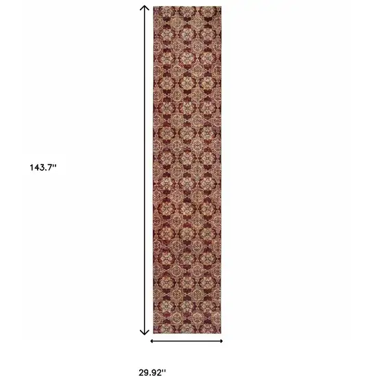 Red And Gold Oriental Power Loom Stain Resistant Runner Rug Photo 5